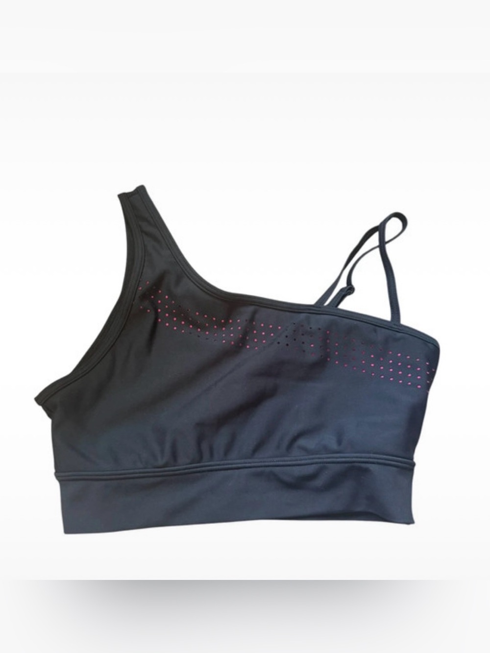 BuffBunny Black One-Shoulder Sports Bra with Pink Dot Accents